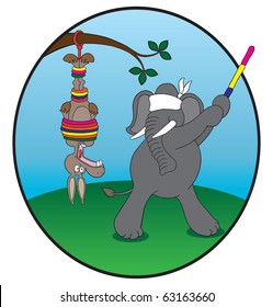 Donkey pinata. Democrat donkey being used as pinata by Republican elephant.