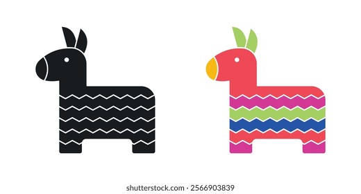 Donkey pinata icon set in black and colored