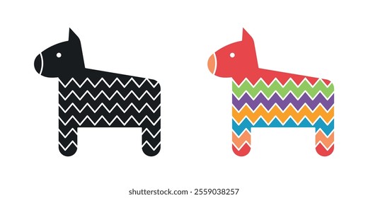 Donkey pinata icons in black and colored version