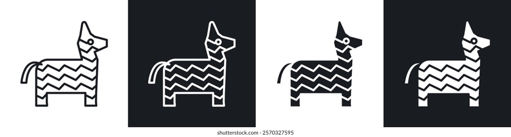 Donkey pinata icons vectors set in black. line and flat versions