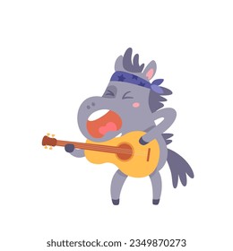 Ilustración vectorial de guitarra con tocador de burro. Caricatura aisló a un lindo músico animal sosteniendo un instrumento musical acústico para tocar música rock y cantar divertidos, un loco guitarrista de caballo parado, cantando en concierto