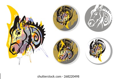 Donkey psychedelic splashes symbols. The head of a donkey with splashes. Donkey symbols in a circle 