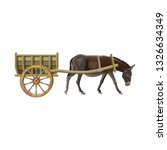 Donkey pull a wooden cart. Vector illustration isolated on white background
