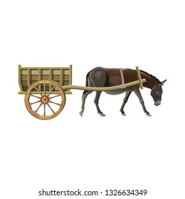 Donkey pull a wooden cart. Vector illustration isolated on white background