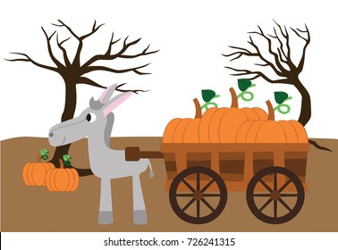 Donkey pulling pumpkin wagon with trees behind