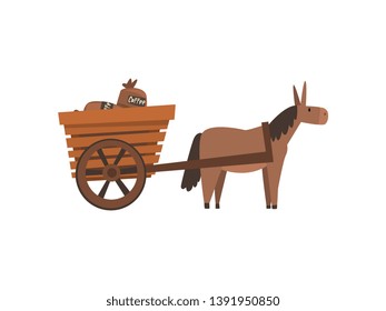 Donkey Pulling Wooden Cart with Coffee Bags, Coffee Industry Production Stage Vector Illustration