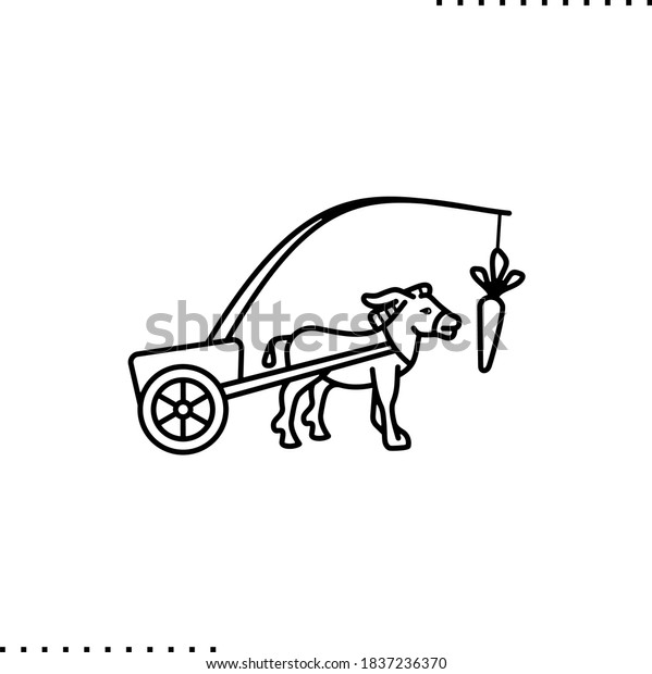 donkey pulls the cart and reaches for the\
carrot, driving force vector icon in\
outline