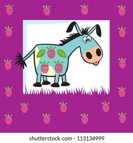  donkey with raspberries,cartoon,children illustration on purple background,vector picture for  babies and little kids