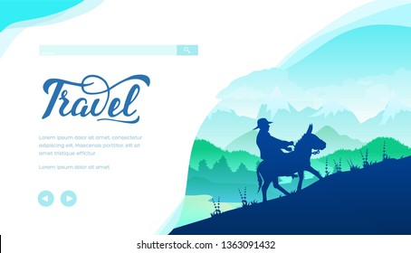 Donkey riding vector landing page template. Travel agency flat web banner with text space. Entertainment for tourists poster idea. Rider on pony silhouettes. Landscape minimalistic illustration