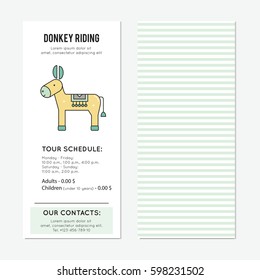 Donkey riding vector vertical banner template. The tour announcement. For travel agency products, tour brochure, excursion banner. Simple mono linear modern design.