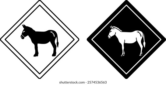 Donkey Road Signs. Black and White Vector Icons. Road Sign Warning about Crossing the Road by Animals. Sticker for Zoo