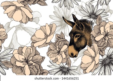 Donkey with roses, seamless, floral pattern. Hand-drawn, vector illustration.