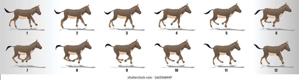 Donkey run cycle animation frames, loop animation sequence sprite sheet 