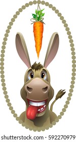 Donkey, running after a carrot on a white background. Vector Image.