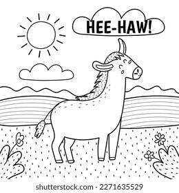 Donkey saying hee-haw black and white print. Cute farm character on a green pasture making a sound. Funny coloring page with animal in cartoon style for kids. Vector illustration