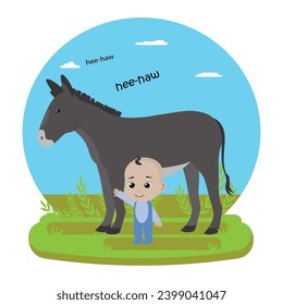 Donkey says hee haw. Baby and donkey. Farm animals study for babies. Education material. Speech therapy cards. flashcard.