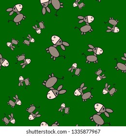 Donkey seamless pattern in cartoon style. On color background, vector illustration.
