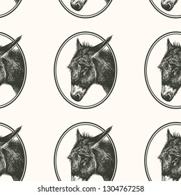 Donkey. Seamless pattern with farm animal. Hand drawing of head livestock in frame. Vector illustration art. Black and white. Old engraving. Vintage. Design for fabrics, paper, textiles, wallpaper