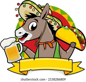 burro sirviendo tacos y cerveza. Ilustración vectorial.