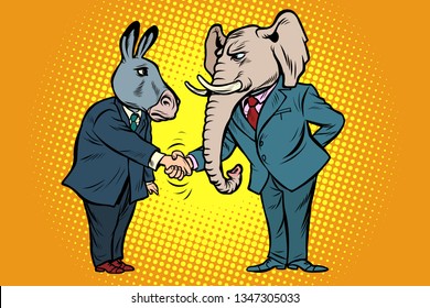 donkey shakes elephant hand. Democrats Republicans. Comic cartoon pop art vector retro vintage drawing