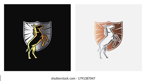 Donkey and shield geometric coat of arms logotype