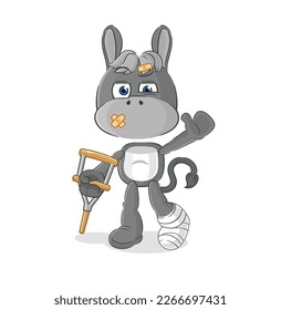 the donkey sick with limping stick. cartoon mascot vector