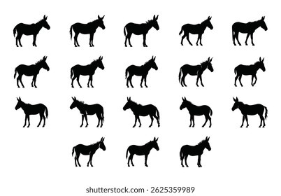 Donkey Silhouette Clipart bundle, Donkeys Vector Black Silhouette Set