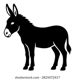 Donkey silhouette standing in side view with long ears and a short mane, isolated on white background.