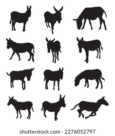 Donkey silhouette vector illustration set.