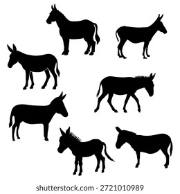 Donkey silhouette vector set with multiple standing and walking poses in black style. Suitable for farm themes, livestock graphics, rural branding and animal related designs.