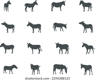 Donkey silhouettes, Donkey animal silhouettes, Donkey vector.