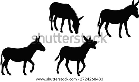 Donkey silhouettes in grazing, walking, standing, braying poses, black vector illustration, farm animal shapes, rural design elements