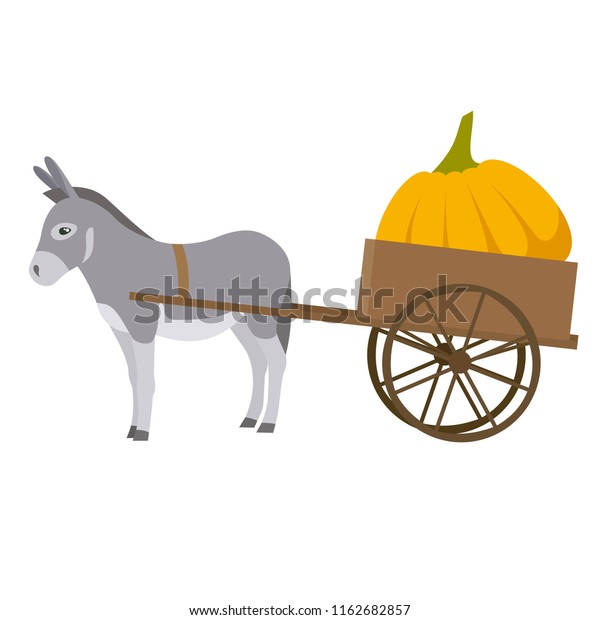 Donkey with small cart. Cartoon donkey\
with pumpkin. Vector illustration in flat\
style.