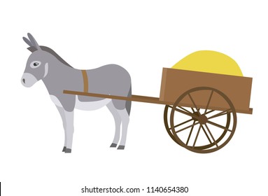 Donkey with small cart of hay. Vector illustration in flat style.