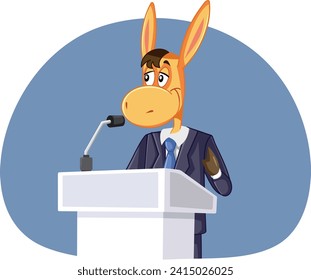 
Donkey Speaking on a Podium Vector Cartoon Character. Lying politician giving a presentation from the tribune at press conference
