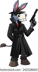Donkey Spy Secret Agent Cartoon Character Holding A  Gun. Vector Hand Drawn Illustration Isolated On Transparent Background