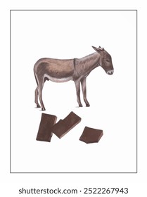 Um burro fica acima de pedaços de chocolate quebrado contra um fundo plano.