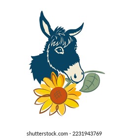 
Donkey and sunflower. Hand drawn vector drawing.  Color isolated image. Farm animals.