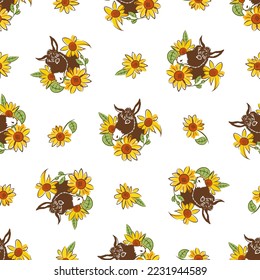 
Donkey and sunflowers on a white background. Vector color seamless pattern. Farm animals.