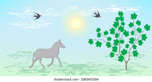 Donkey and swallows flying - spring landscape - illustration, vector. Horizontal banner.