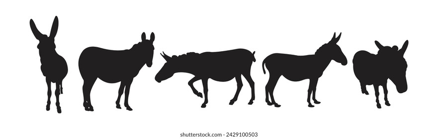 burro vector de dibujos animados. siluetas de burros. fondo blanco aislado negro