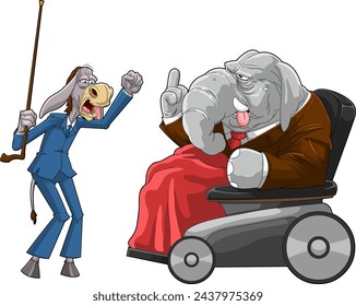 Personajes de dibujos animados de burro vs elefante. Ilustración Dibujada A Mano De Vector Aislada Sobre Fondo Transparente