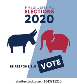 Donkey VS Elephant. Democrats against Republicants. Presidential elections 2020 banner with call to vote. Flat vector illustration