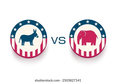 Donkey vs Elephant pins, buttons, badges. Elections usa 2024. Vector illustration, isolated on transparent background. Democrats and republicans. 