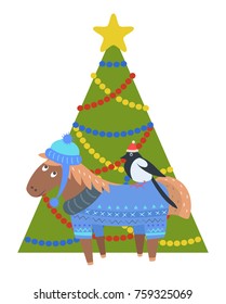 Donkey in warm winter cloth and bullfinch in santa's hat sitting on donkey's back, animal standing near decorated Christmas tree vector postcard