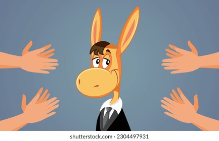 
Donkey Wearing Business Demo Aplaudido por People Vector Cartoon. Cotrabajadores alabando a empresario de mula por su trayectoria profesional exitosa 
