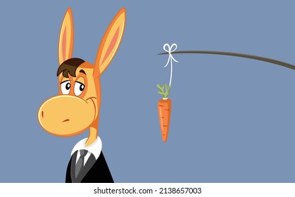 Donkey Wearing Business Suit Pursuing Carrot Bait Vector Cartoon. Funny manager encouraging employee with a stimulus
