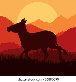  Donkey in wild nature landscape illustration