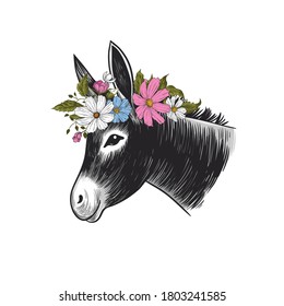 
Donkey in a wreath of flowers. Hand drawn realistic animal portrait. Vintage vector illustration.
