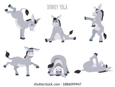 Donkey yoga poses and exercises. Cute cartoon clipart set. Vector illustration